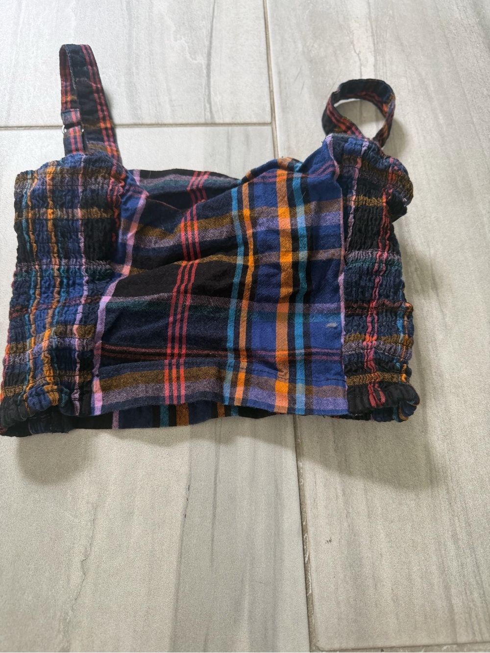 Hollister Plaid Smocked Crop Top - Black, Blue & Orange